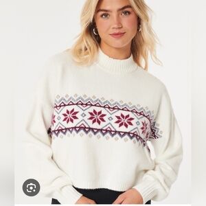 Hollister Faire Isle Nordic Cropped Long Sleeve Sweater White Red Size Medium